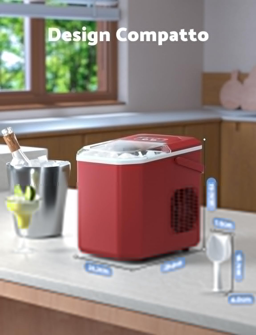 Ice Machine 12 kg/24 h, Self-Cleaning Home Ice Machine 1.5 L, Professional Ice Machine, Ready in 6 Minutes, with Handle/Silent/Scoop/Basket, Red