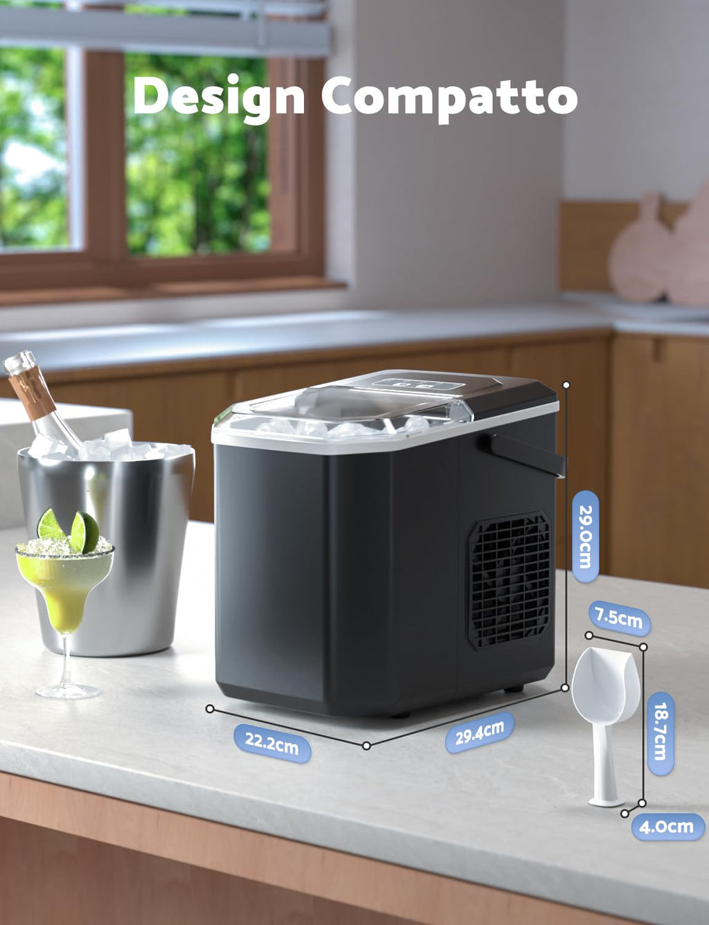 Ice Machine 12 kg/24 h, Self-Cleaning Home Ice Machine 1.5 L, Professional Ice Maker, Ready in 6 Minutes, with Handle, Silent/Scoop/Basket, Black