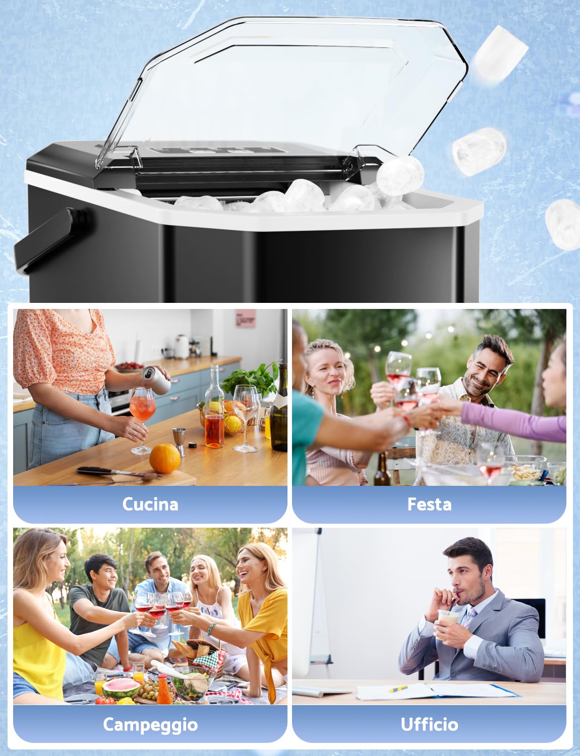 Ice Machine 12 kg/24 h, Self-Cleaning Home Ice Machine 1.5 L, Professional Ice Maker, Ready in 6 Minutes, with Handle, Silent/Scoop/Basket, Black