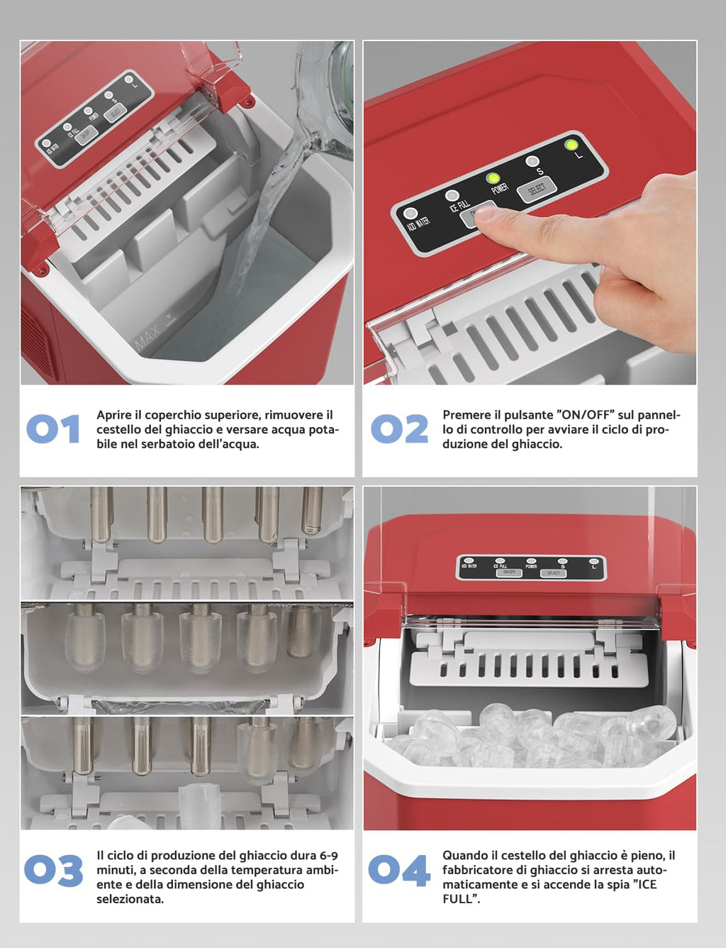 Ice Machine 12 kg/24 h, Self-Cleaning Home Ice Machine 1.5 L, Professional Ice Machine, Ready in 6 Minutes, with Handle/Silent/Scoop/Basket, Red