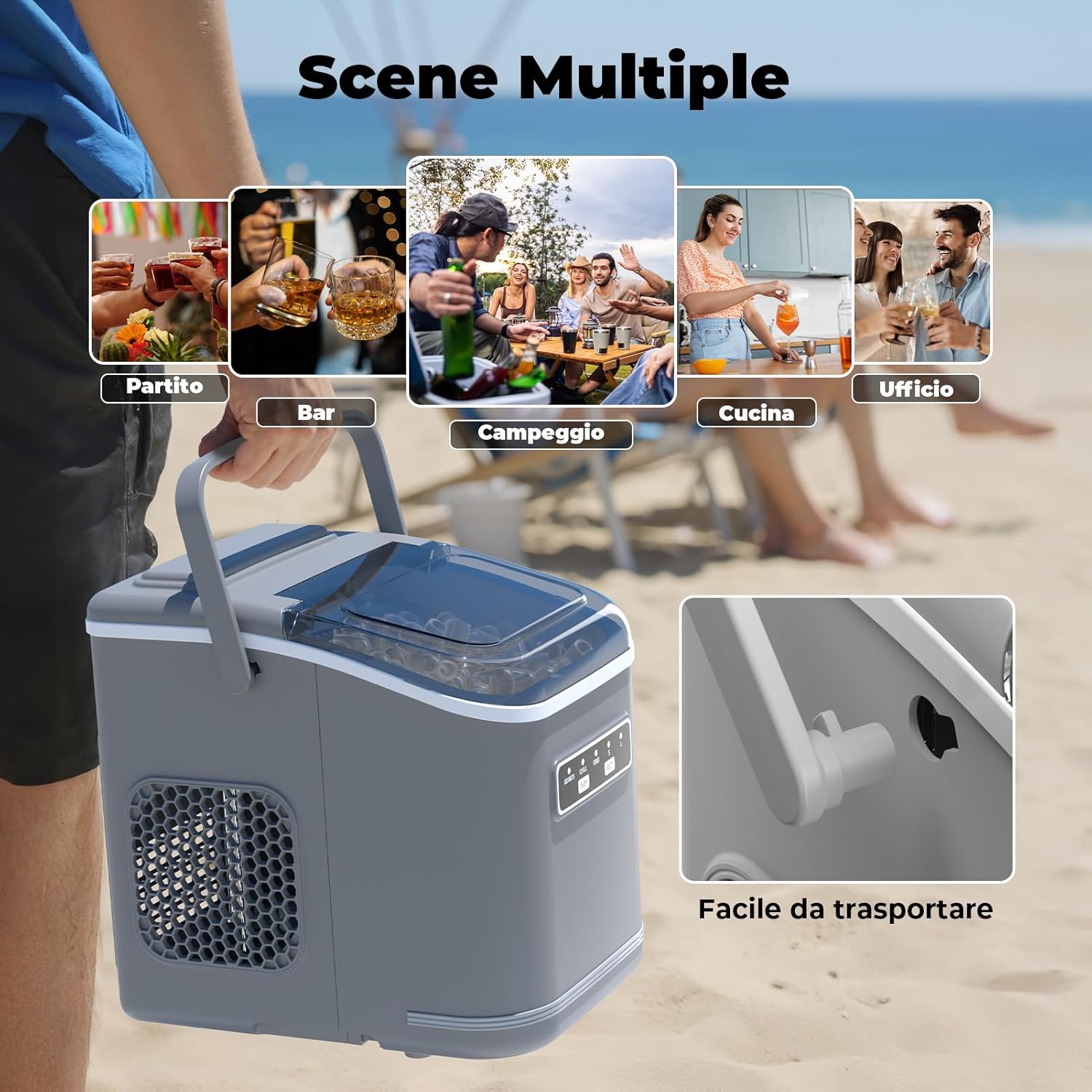 Ice Maker 12 kg/24 h, Self-Cleaning Ice Maker for Home 1.5 L, Silent, 9 Cubes in 6 Minutes, Ice Maker with Handle/Scoop/Basket, Grey
