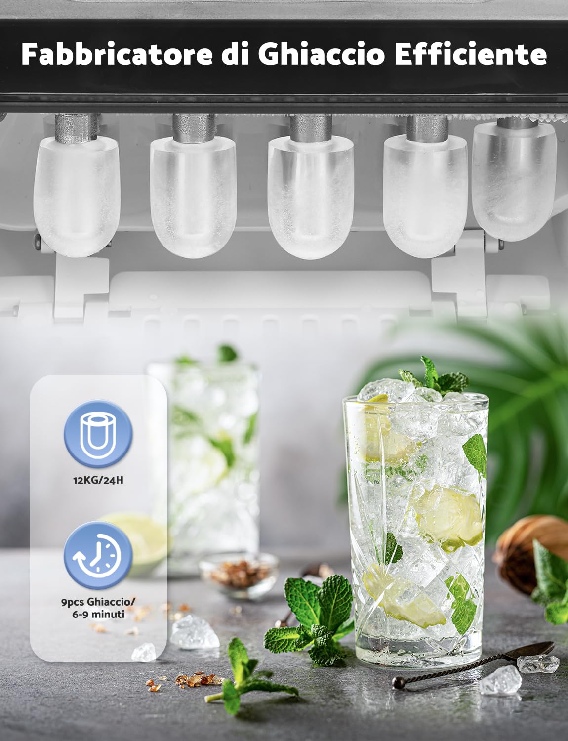 Ice Machine 12 kg/24 h, Self-Cleaning Home Ice Machine 1.5 L, Professional Ice Machine, Ready in 6 Minutes, with Handle/Silent/Scoop/Basket, Red